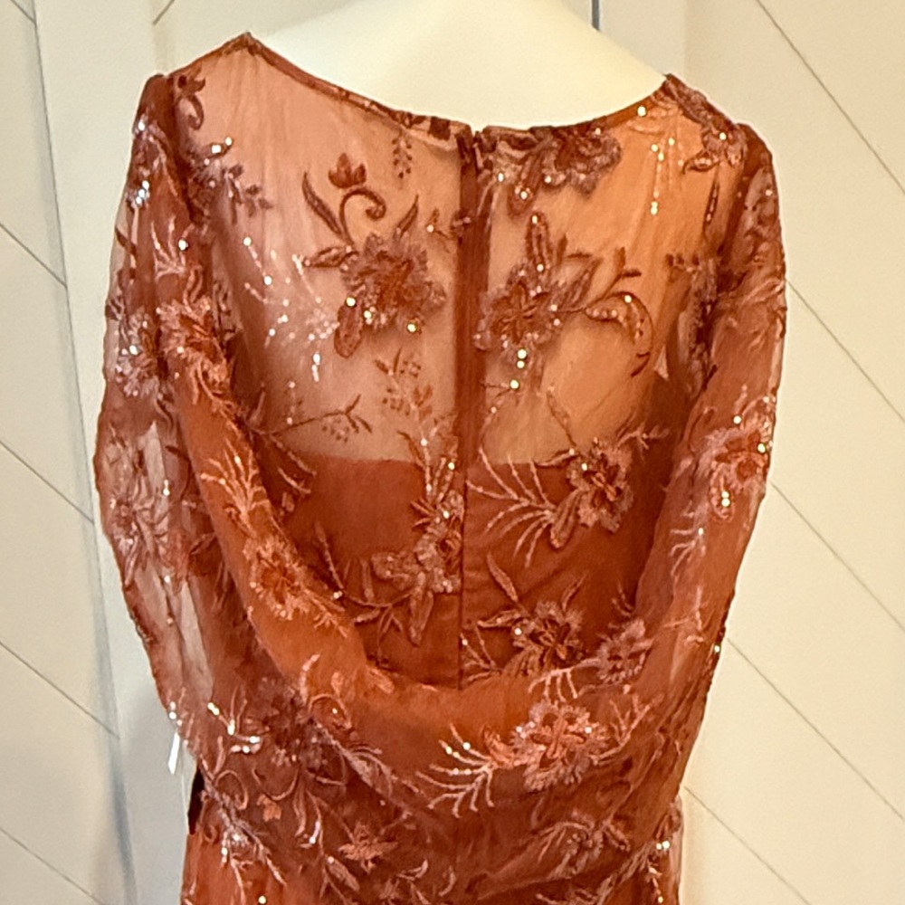 Elegant Long Sleeve Burnt Orange Lace Evening Dress - Picture 4 of 4